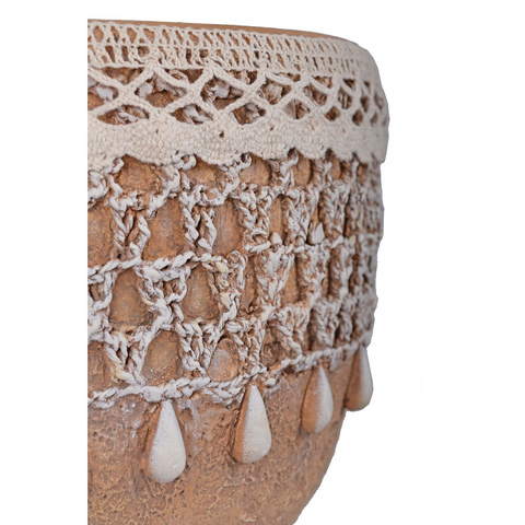 Doniczka ceramiczna boho z frędzlami beżowa