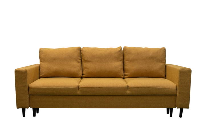 Sofa 3-osobowa na drewnianych nogach musztardowa rozkładana