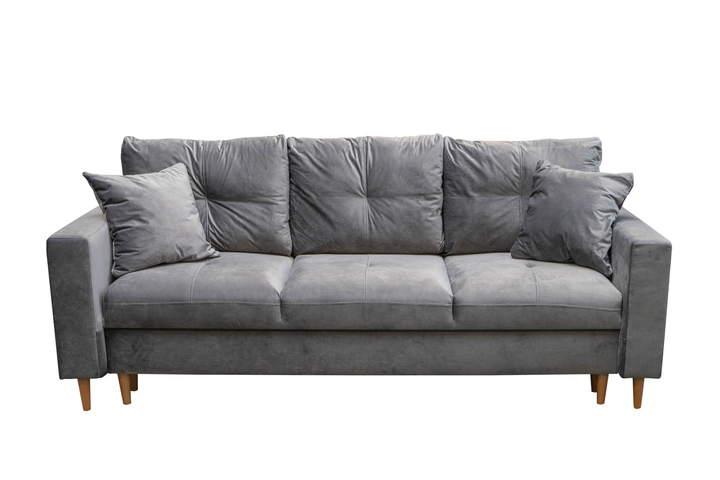 Sofa 3-osobowa na drewnianych nogach szara z poduszkami rozkładana