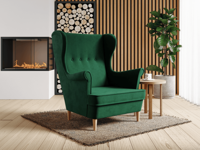 Fotel uszak w kolorze zielonym welurowy na drewnianych nogach Paros