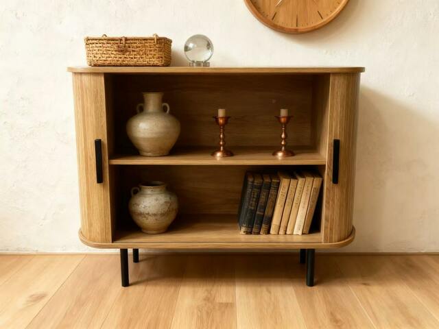 Komoda owalna z ryflowanymi frontami BOHO dąb czarne uchwyty 100 cm