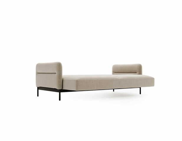 Beżowa sofa z funkcją spania Duero z mobilnym zagłówkiem i czarnymi nogami 