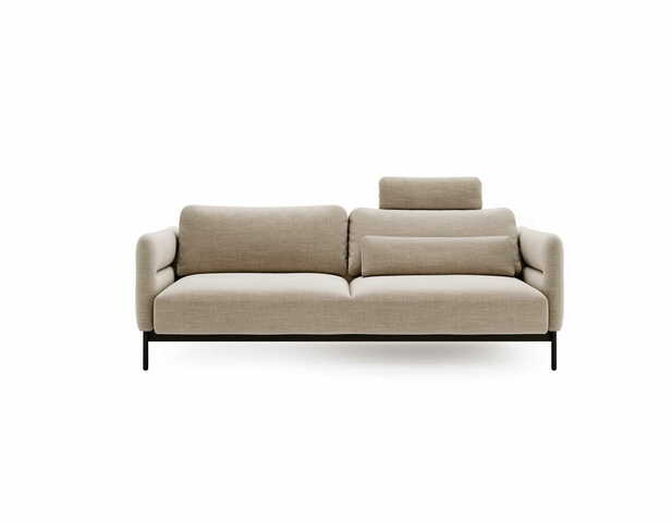 Beżowa sofa z funkcją spania Duero z mobilnym zagłówkiem i czarnymi nogami