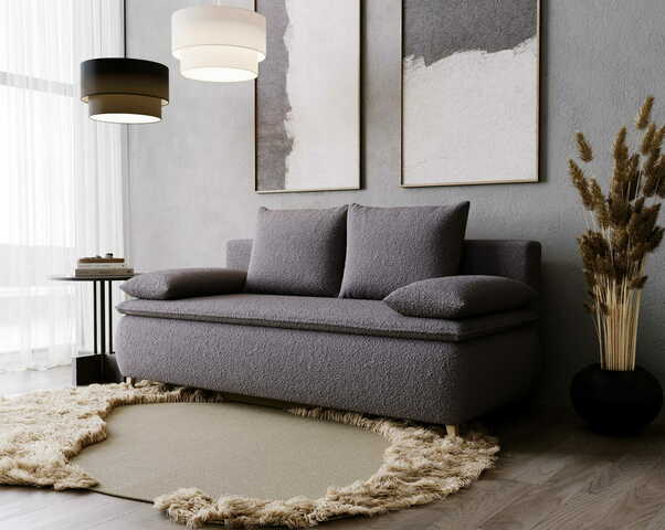 Sofa z funkcją spania Mona ciemnoszara boucle z drewnianymi nogami