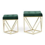 Zdjęcie do “Zestaw 2 puf Java z zielonym welurowym siedziskiem na złotym stelażu”.