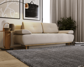 Zdjęcie do “Beżowa welurowa sofa rozkładana na drewnianych nogach ”.