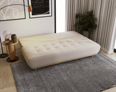 Zdjęcie do “Beżowa welurowa sofa rozkładana na drewnianych nogach ”.