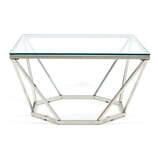 Zdjęcie do “Stolik kawowy chromowany srebrny z szklanym blatem diament 80x80cm”.