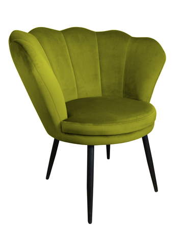 Fotel muszla w kolorze zielonym na metalowych nogach