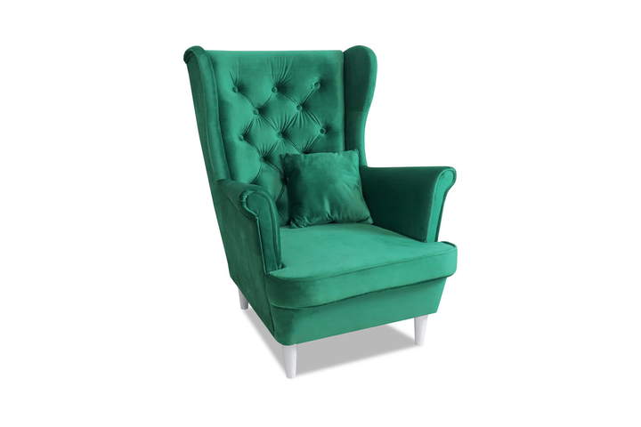 Fotel uszak pikowany zielony Royal Velvet na drewnianych nogach