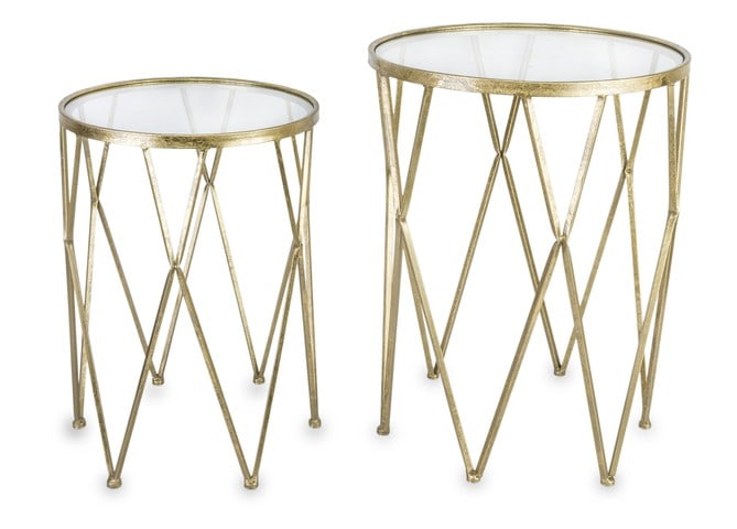 Komplet dwóch złotych stolików ze szklanym blatem