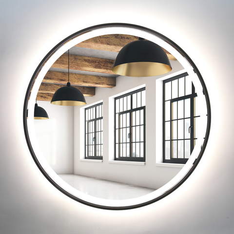 Lustro okrągłe 80cm czarne rama MDF LED z piaskowaniem
