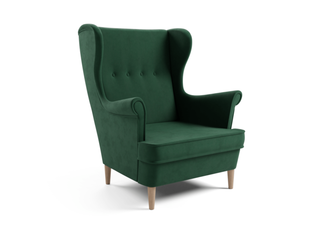 Fotel uszak w kolorze zielonym welurowy na drewnianych nogach Paros