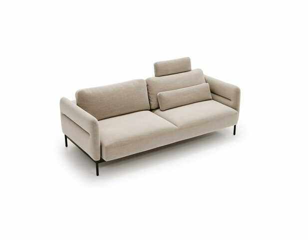 Beżowa sofa z funkcją spania Duero z mobilnym zagłówkiem i czarnymi nogami 