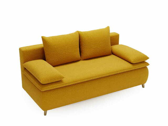 Sofa z funkcją spania Mona musztardowa boucle z drewnianymi nogami