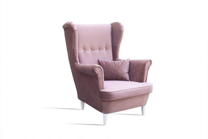 Fotel uszak z poduszką w kolorze różowym Kronos na drewnianych nogach
