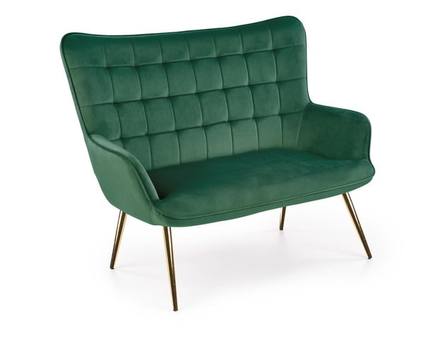 Sofa dwuosobowa welurowa w kolorze ciemnozielonym na złotych metalowych nogach