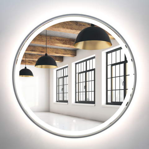 Lustro okrągłe 80cm srebrne rama MDF LED z piaskowaniem